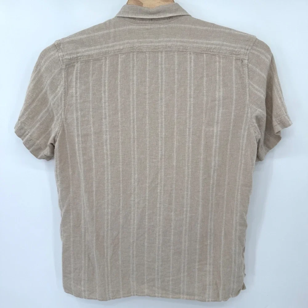 Banana Republic Shirt Men XL Beige Striped Linen Blend Short Sleeve Camp Collar